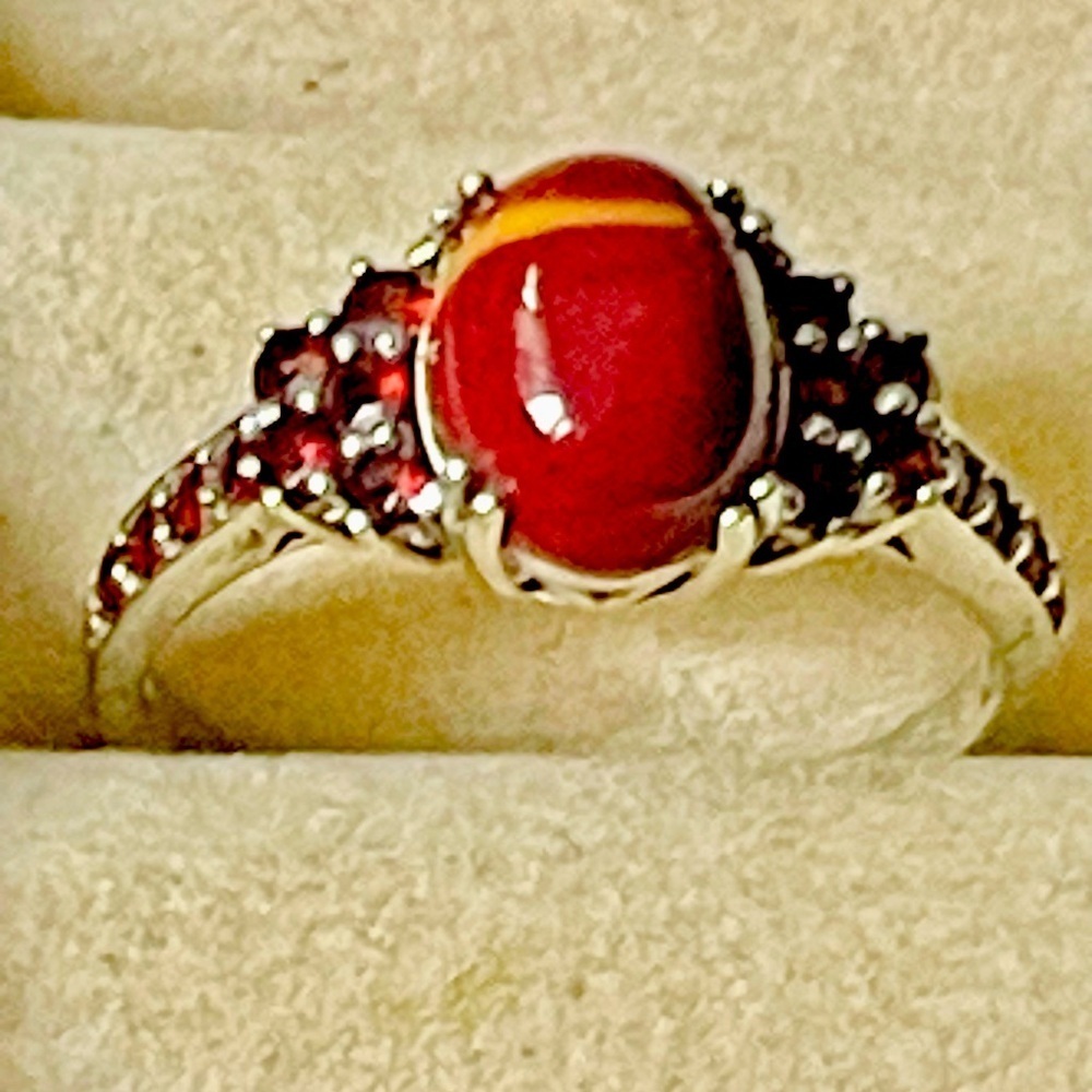 Mookaite jasper With Garnet Gemstone Cocktail Ring Sz 9.75